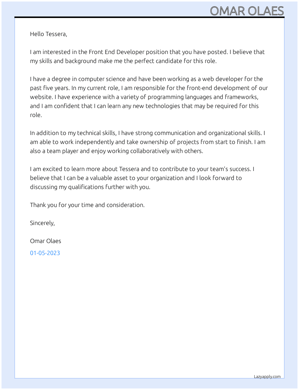 Front End Developer At Tessera Cover Letter