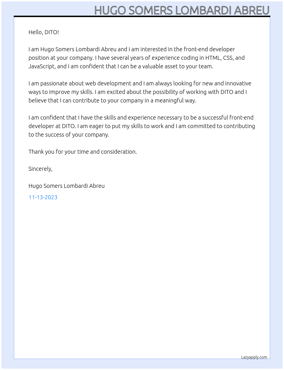 Front-end developer At DITO Cover Letter