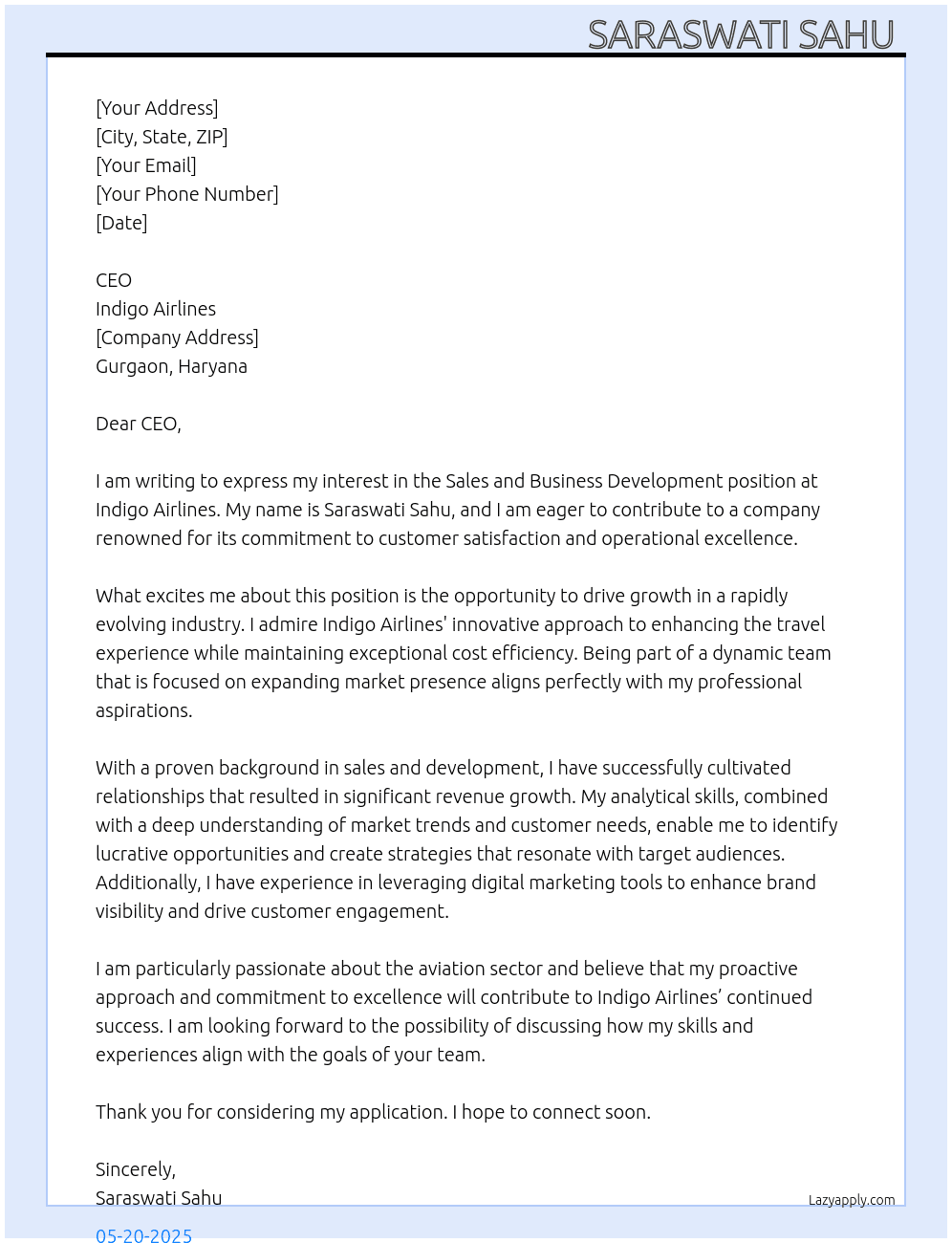 Cover letter for sales & business development - LazyApply