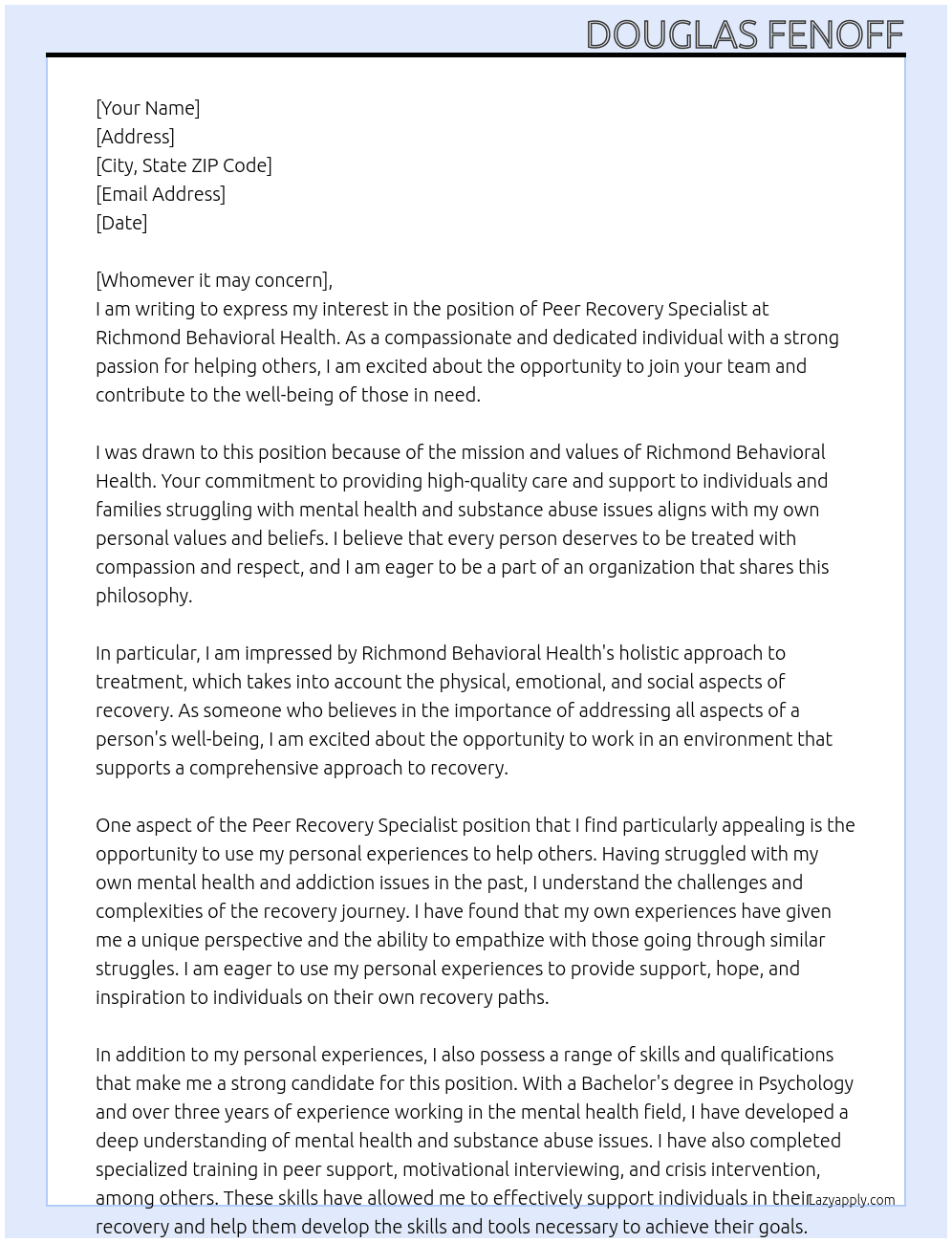 Peer Recovery Specialist At Richmond Behavioral Health Cover Letter