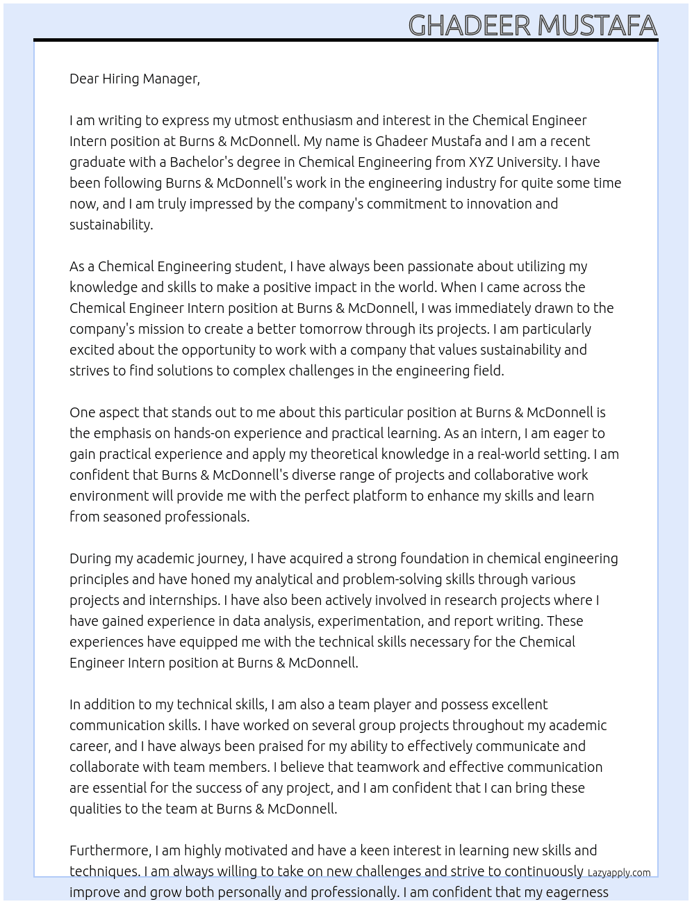 Chemical Engineer Intern At Burns & McDonnell Cover Letter