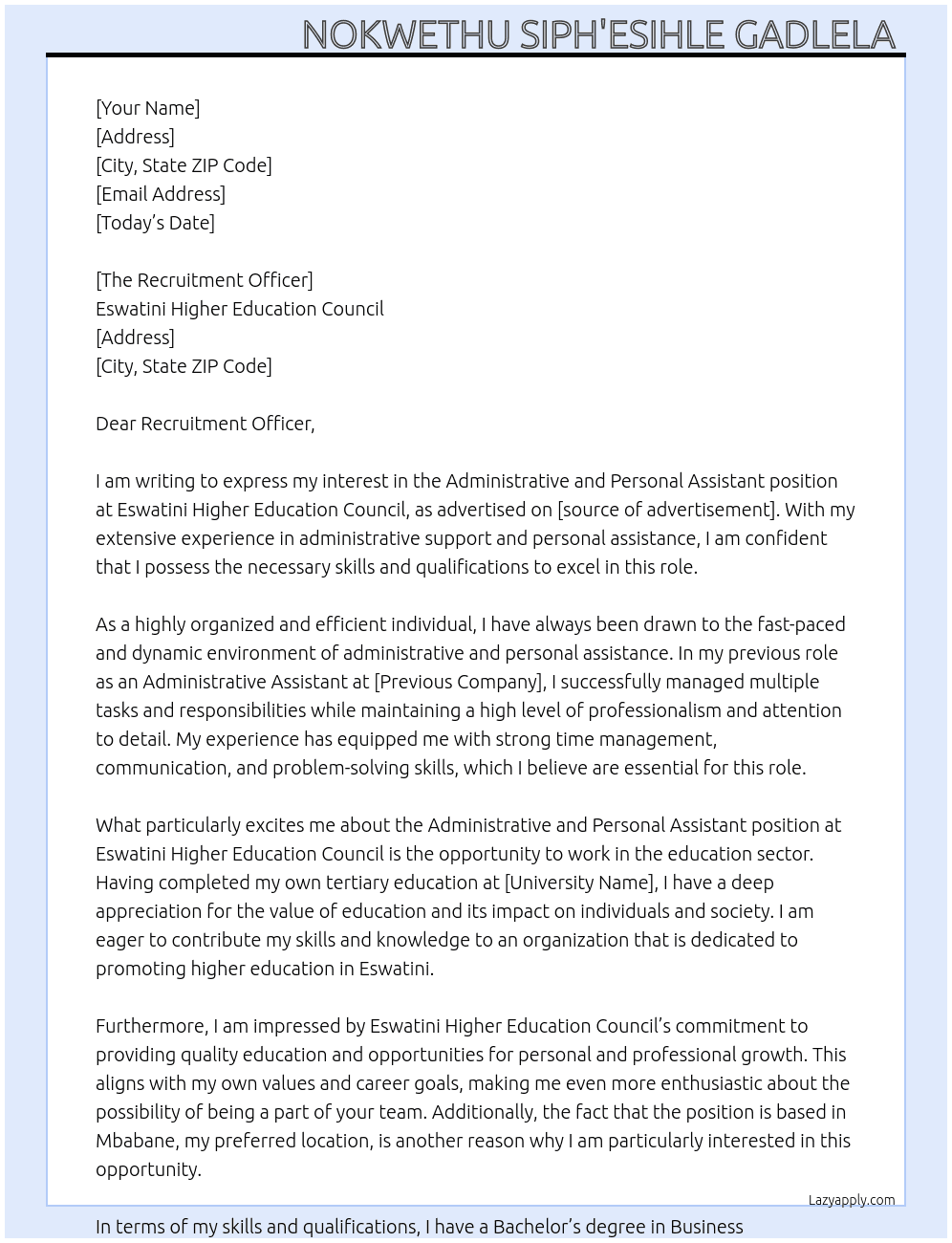 Administrative and Personal Assistant  At Eswatini Higher Education Council  Cover Letter