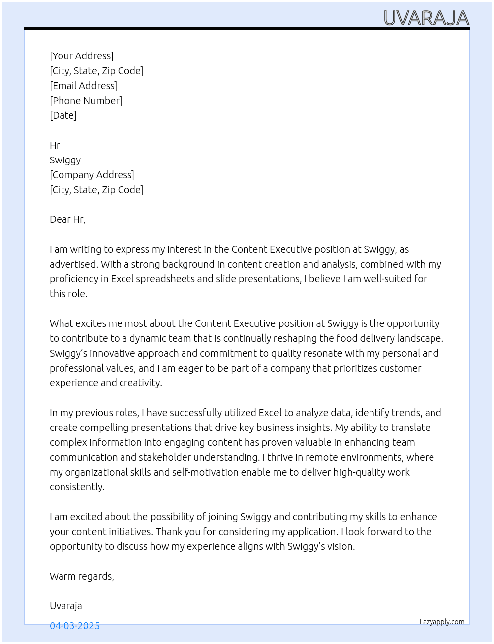 Content executive  At Swiggy  Cover Letter