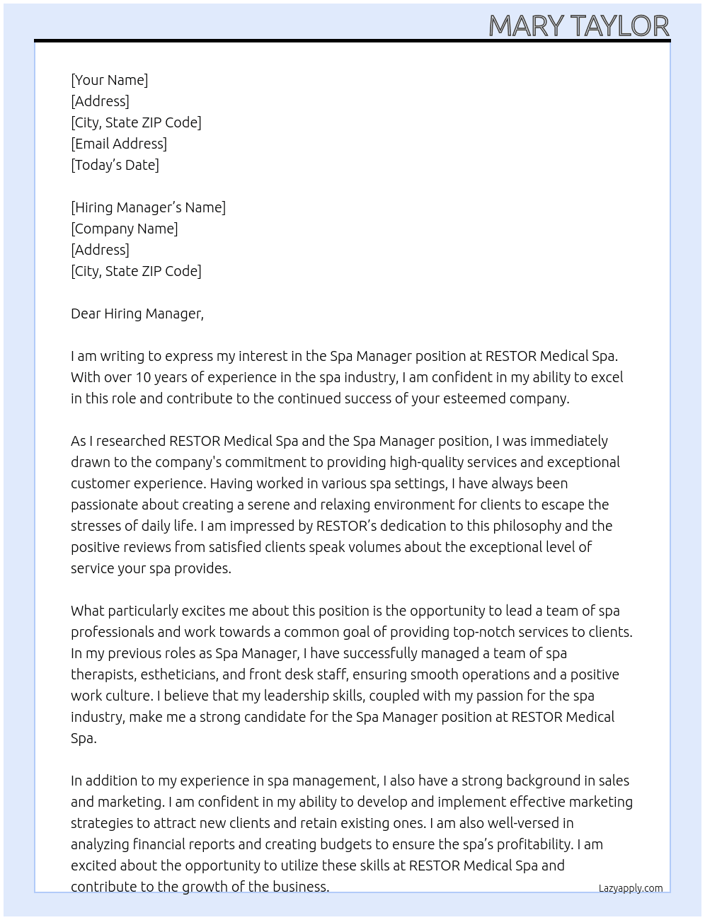 Spa Manager At RESTOR Medical Spa Cover Letter