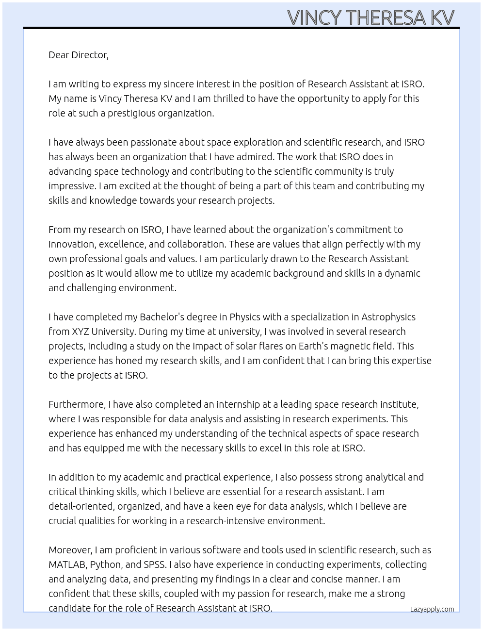 Research assistant  At ISRO Cover Letter