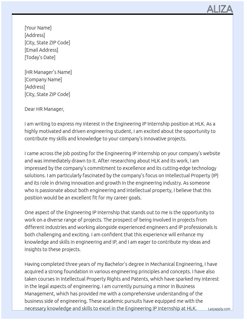 Engineering IP Internship At HLK Cover Letter