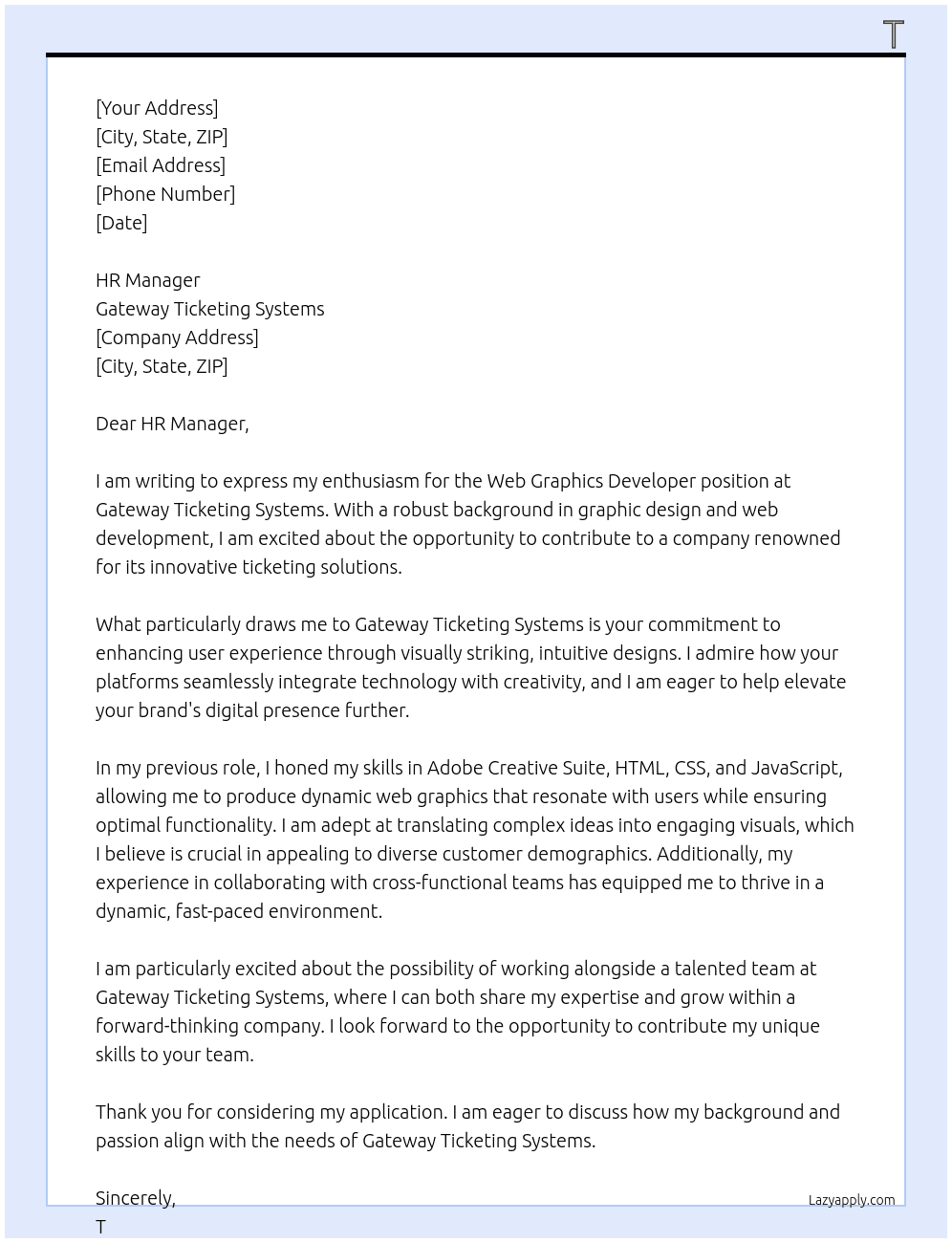 Web Graphics Developer At Gateway Ticketing Systems Cover Letter