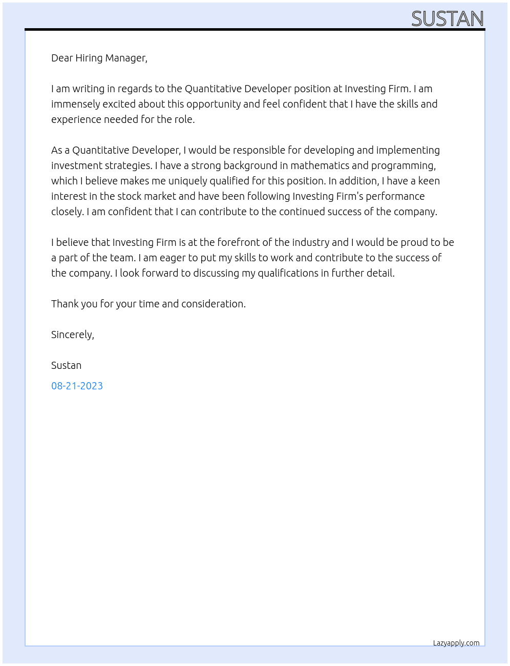 Quantitative Developer At Investing Firm Cover Letter