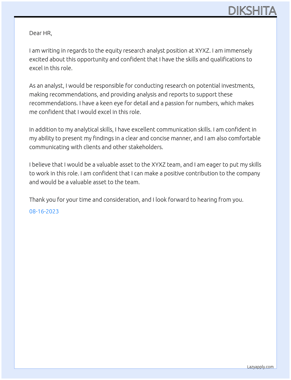 equity research anaylst At xyxz Cover Letter