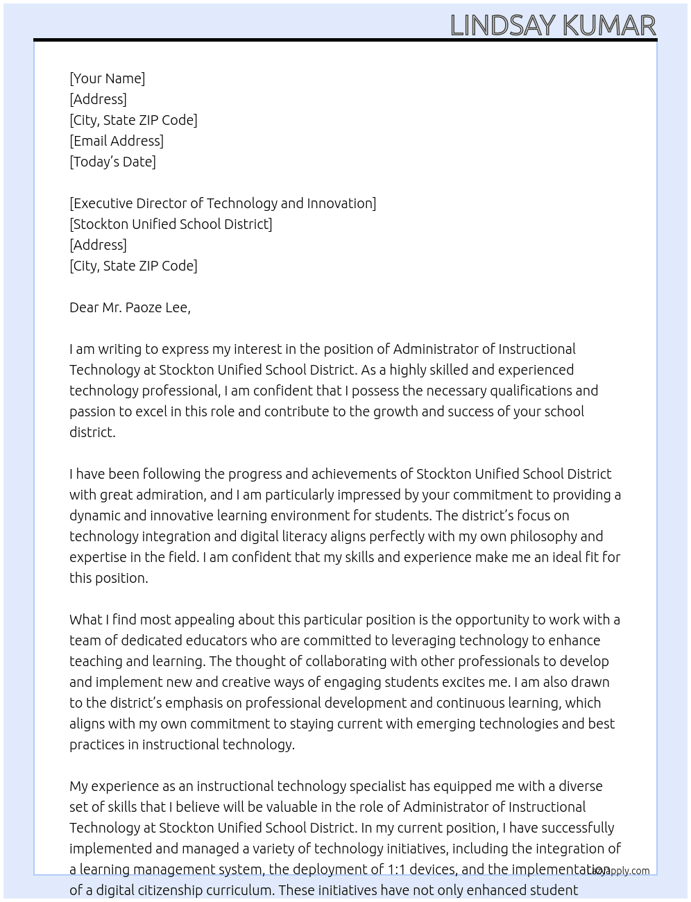 Administrator of Instructional Technology At Stockton Unified School District Cover Letter