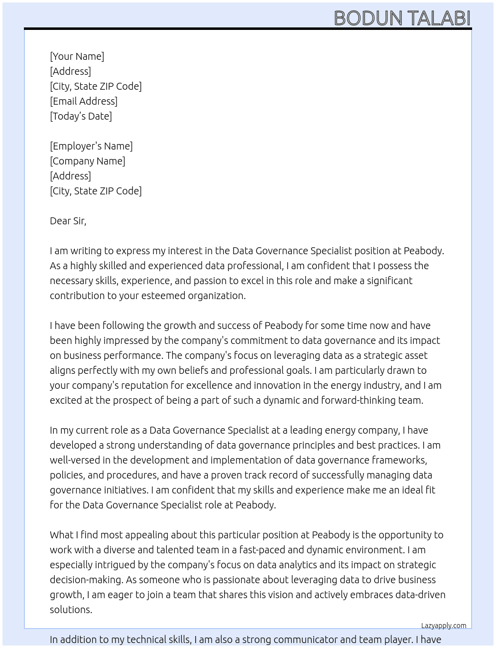 Data Governance Specialist At Peabody Cover Letter