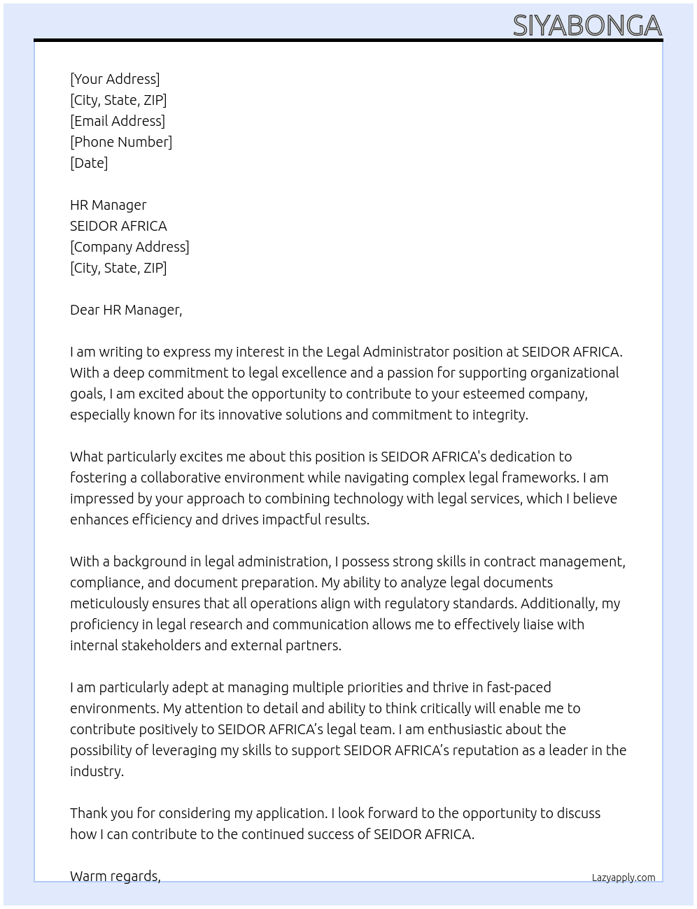 Legal Administrator  At SEIDOR AFRICA Cover Letter