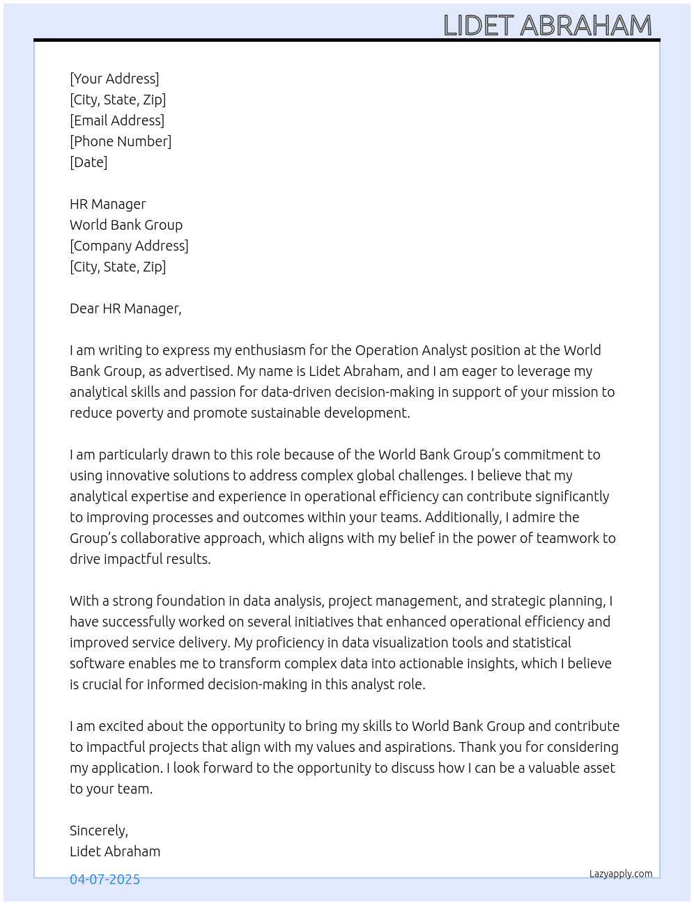 Operation analyst At World bank group Cover Letter