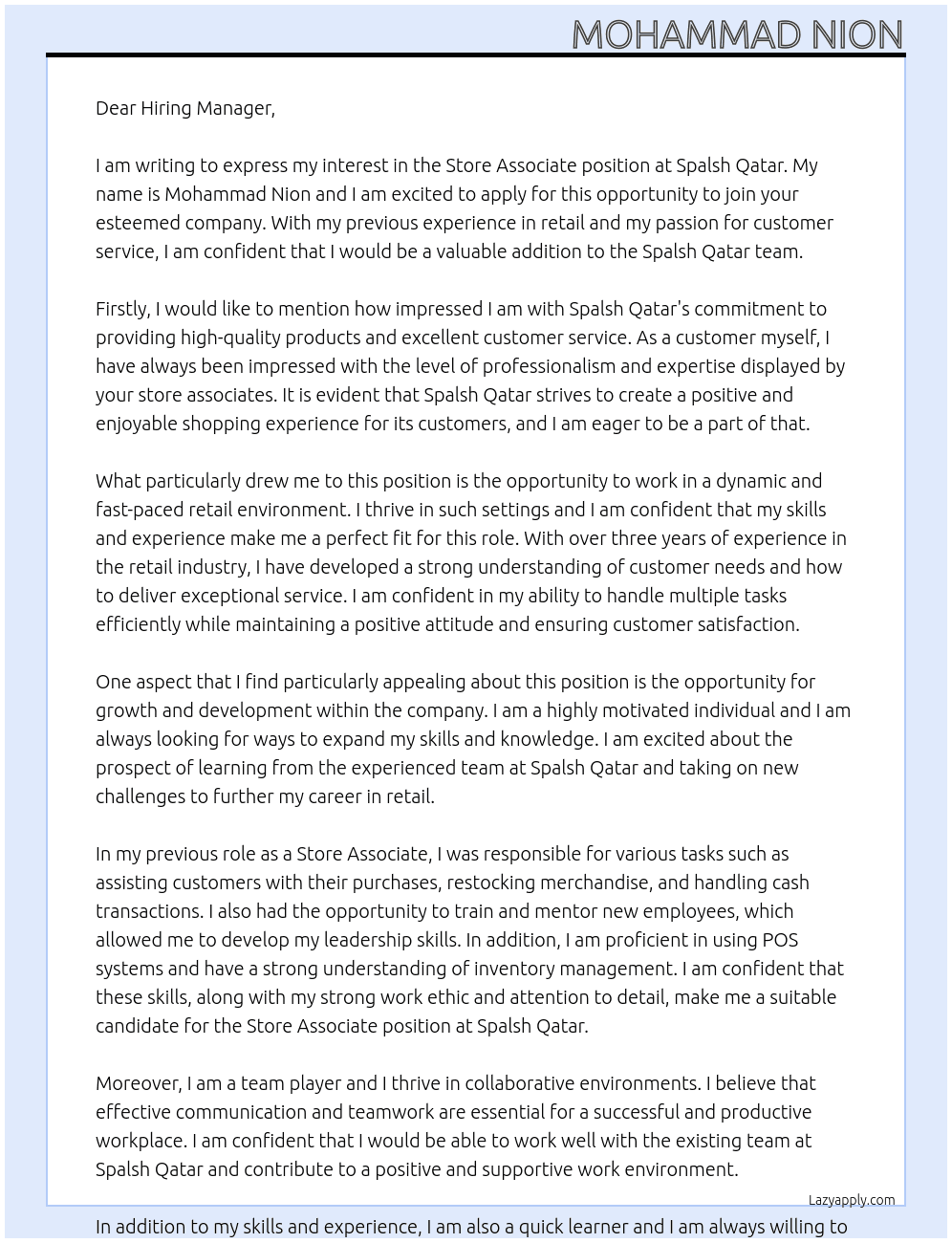 Store Associator At Spalsh Qatar Cover Letter