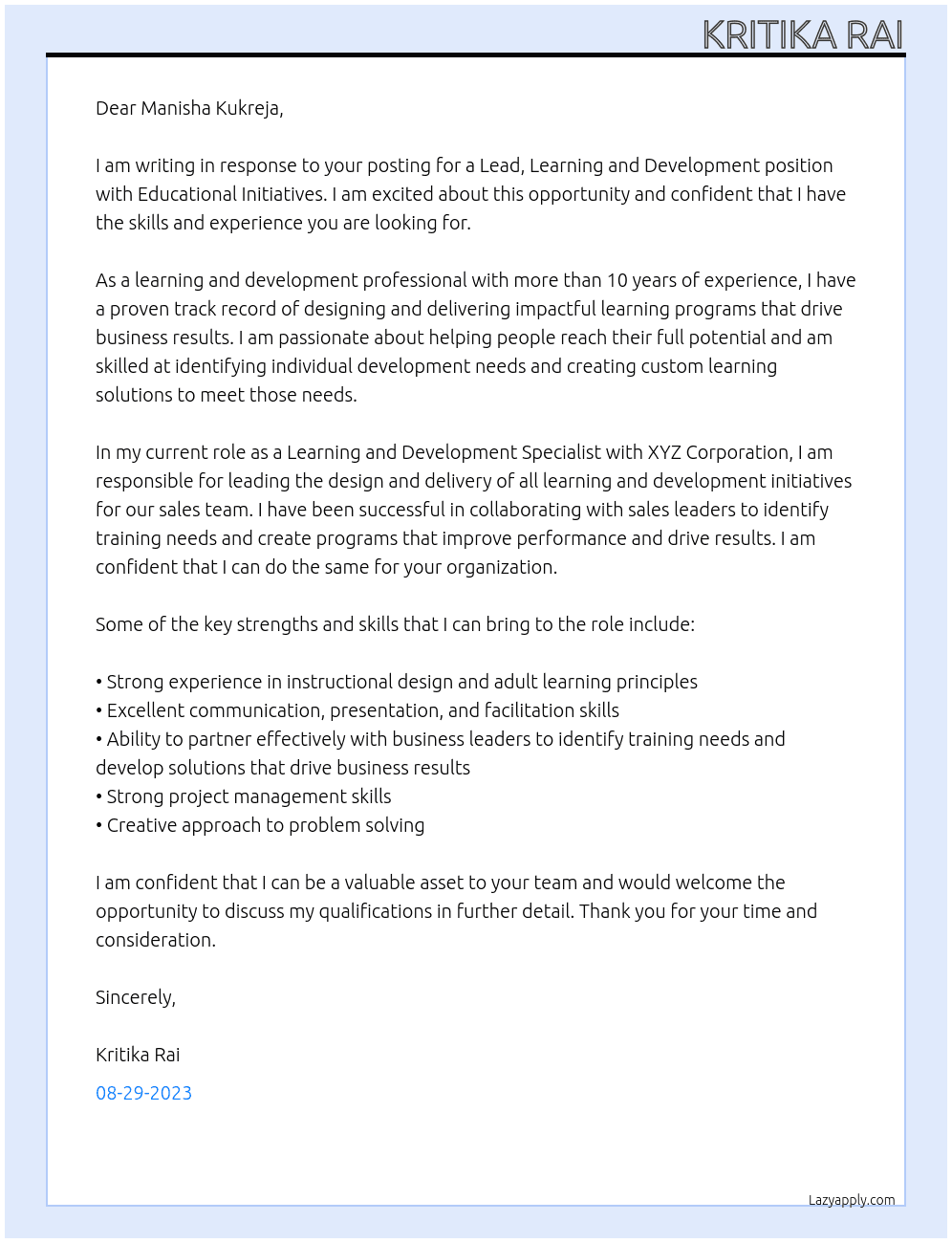Lead, Learning and Development At Educational Initiatives Cover Letter