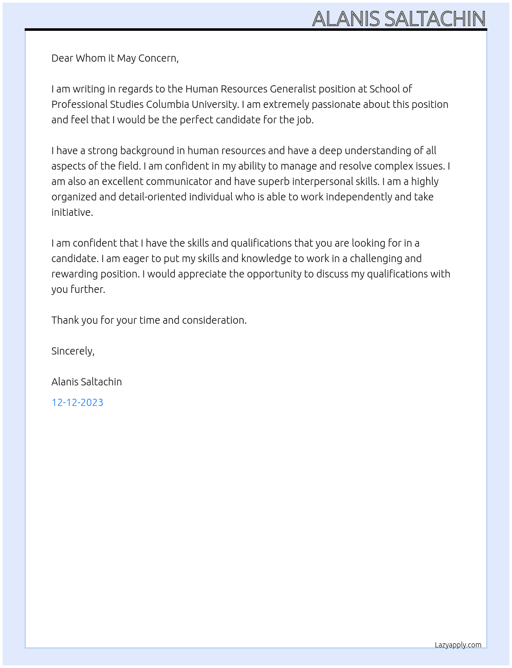 Human Resources Generalist  At School of Professional Studies Columbia University  Cover Letter