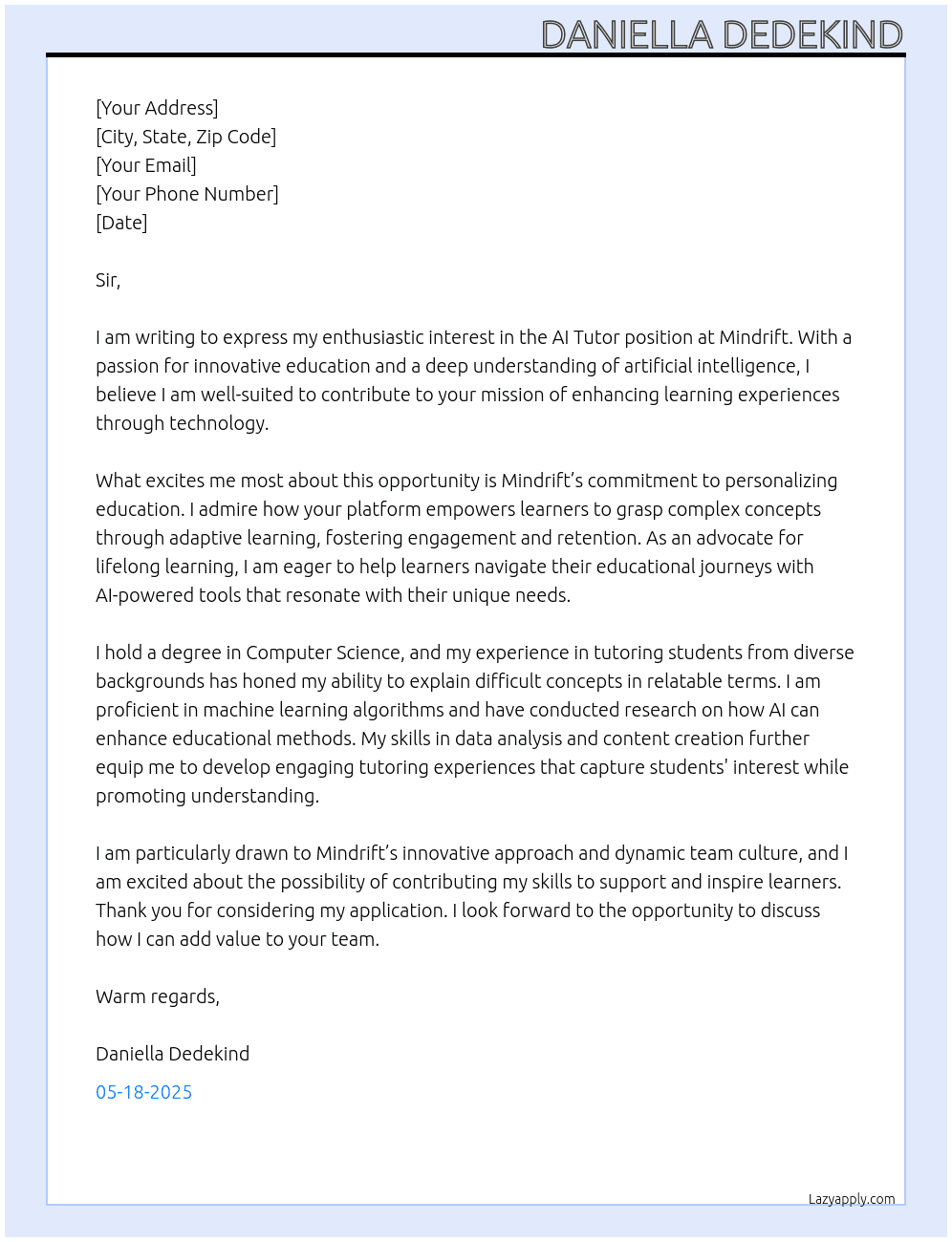 AI tutor At Mindrift Cover Letter