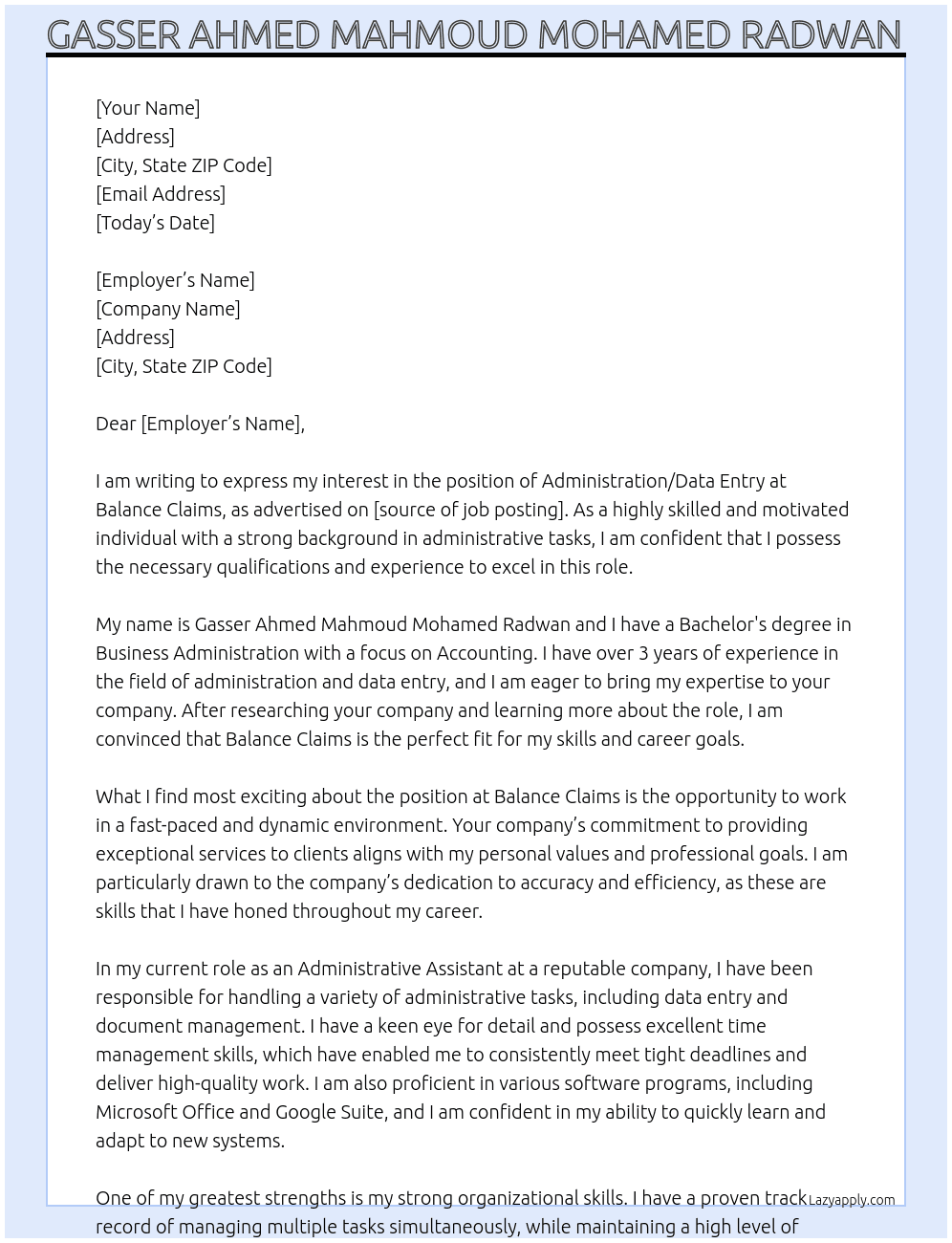 Administration/Data Entry At Balance Claims Cover Letter