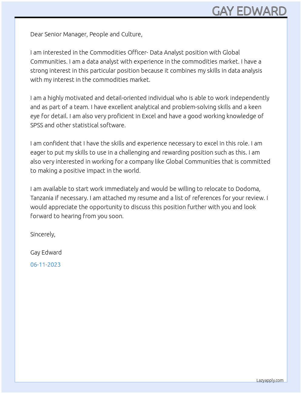 Commodities Officer- Data Analyst At Global Communities Cover Letter