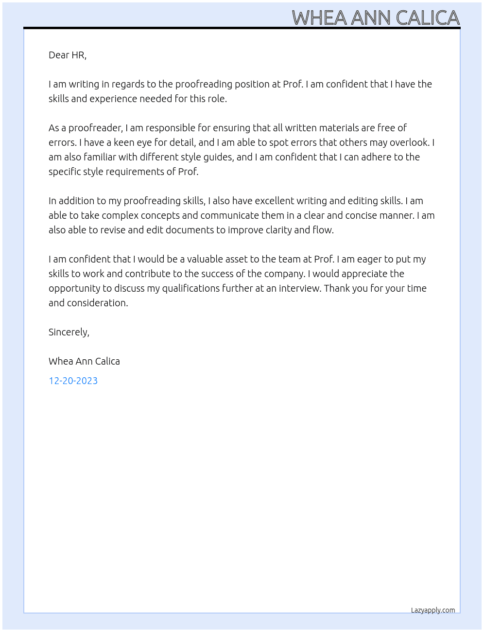 proofreading At prof Cover Letter