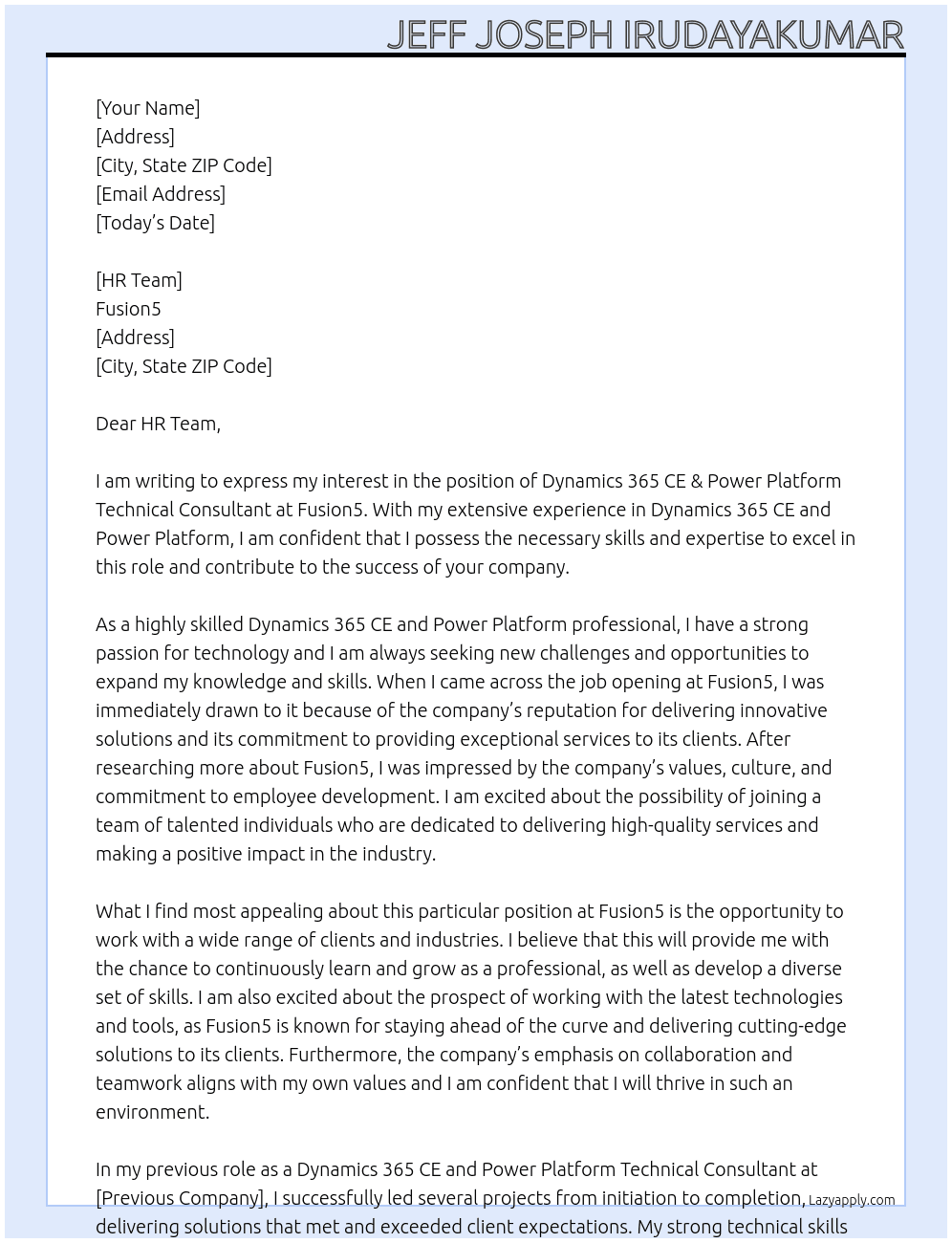 Dynamics 365 CE & Power Platform Technical Consultant At Fusion5 Cover Letter
