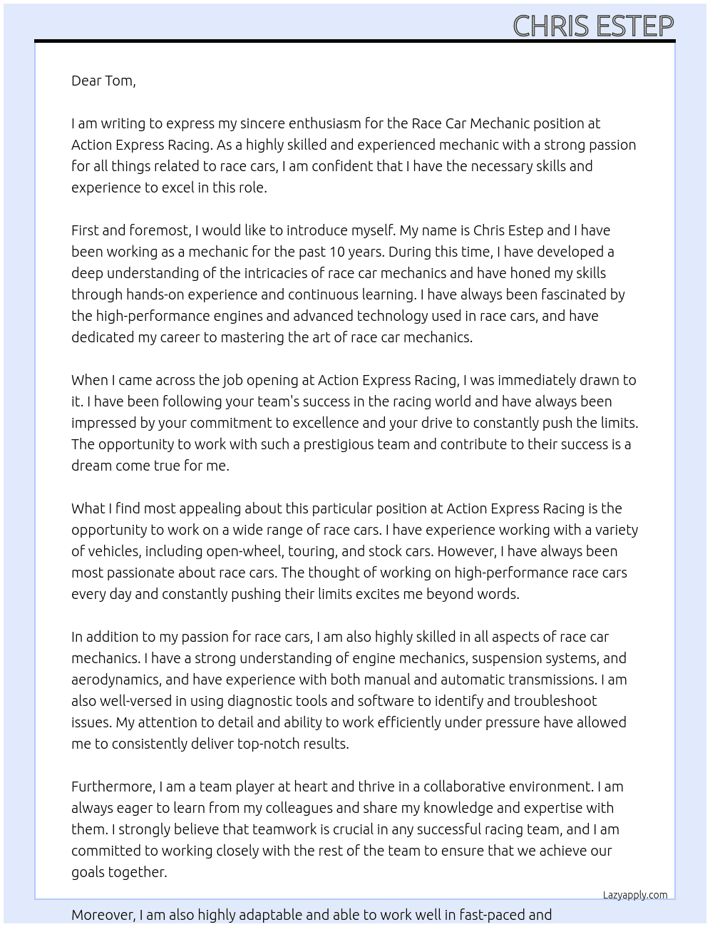Race car mechanic At Action Express Racing  Cover Letter