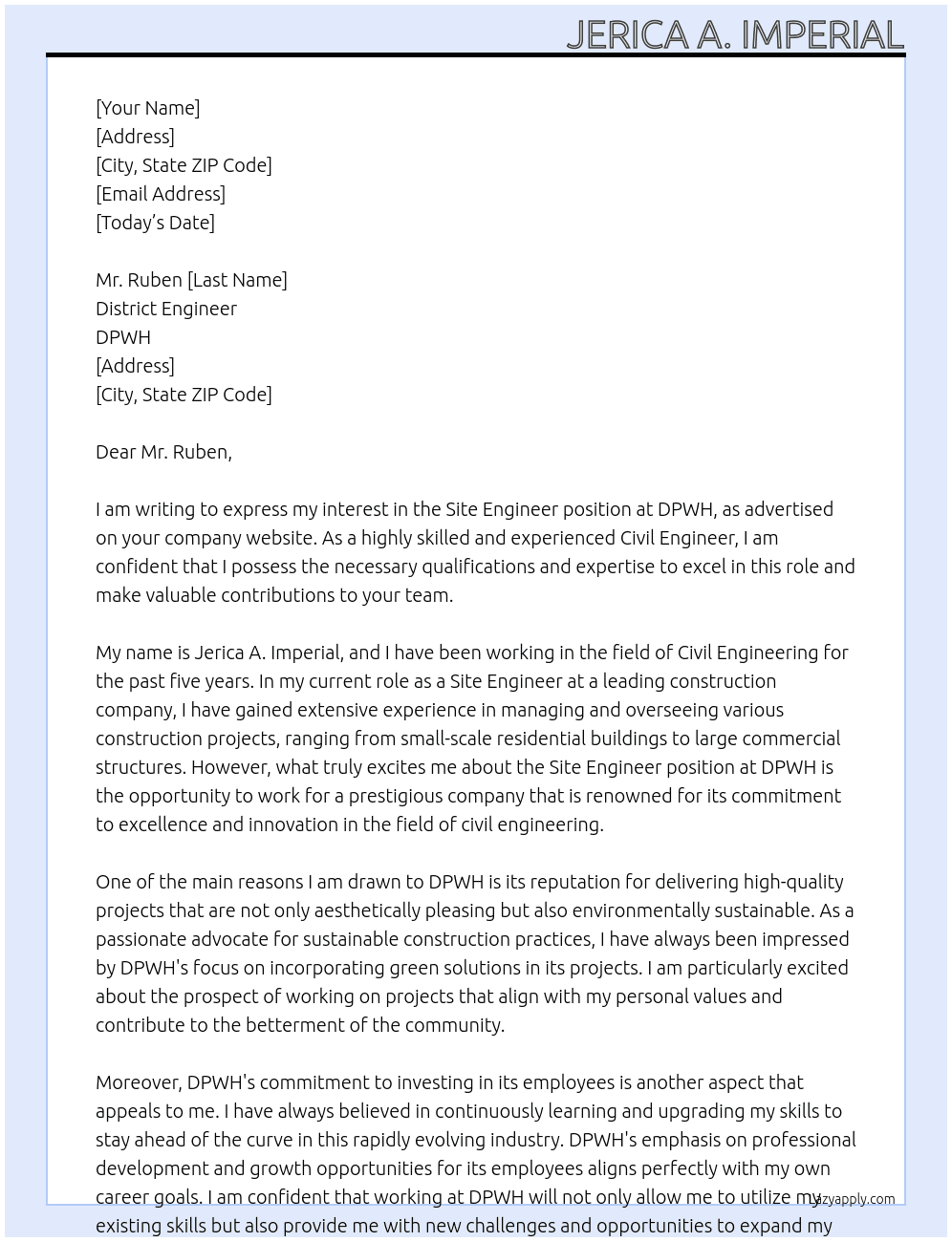 site engineer At DPWH Cover Letter