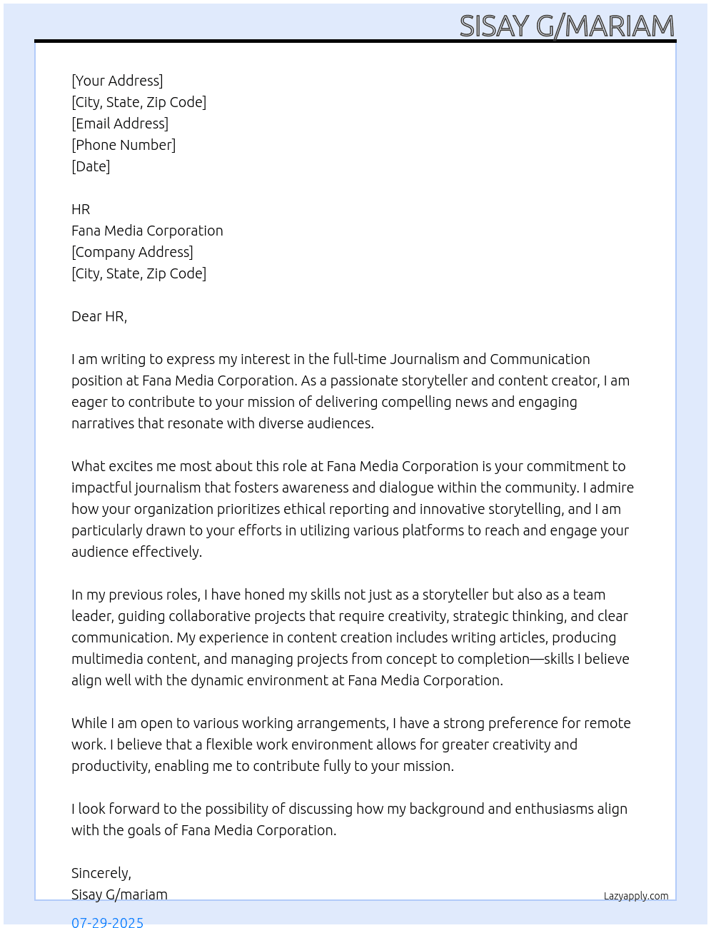 Journalism and Communication At Fana Media Corporation  Cover Letter