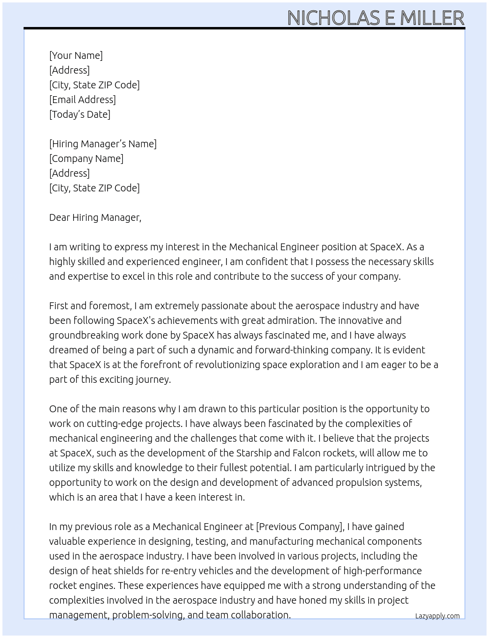 Mechanical Engineer At SpaceX Cover Letter