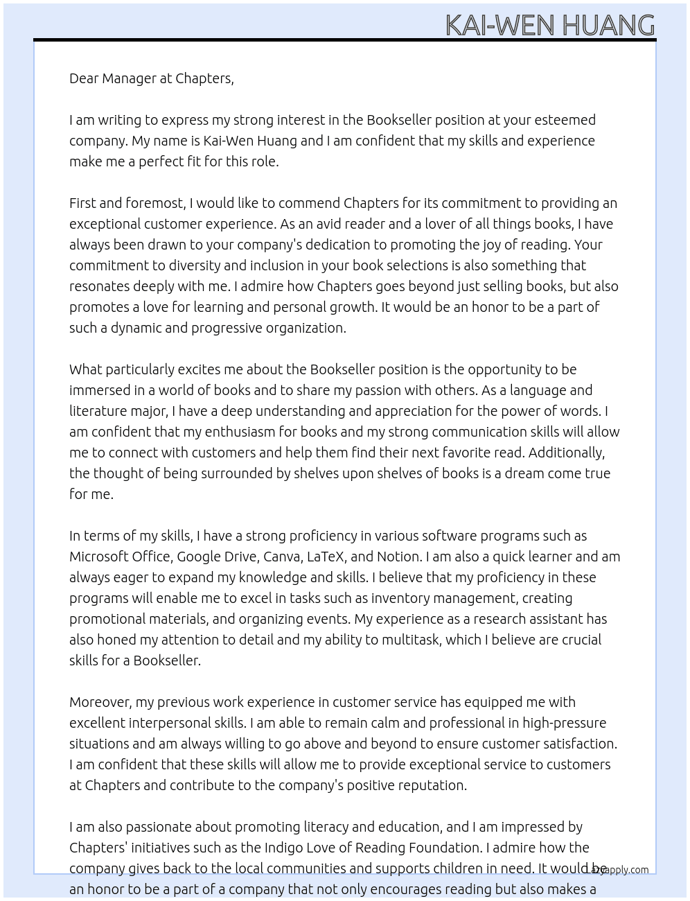 Bookseller At Chapters Cover Letter