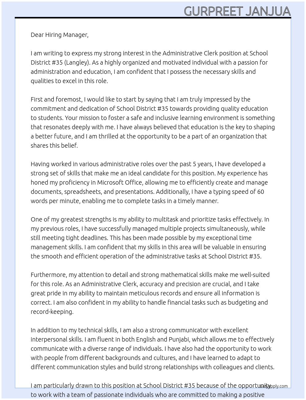 Administrative Clerk  At School District #35 (Langley) Cover Letter