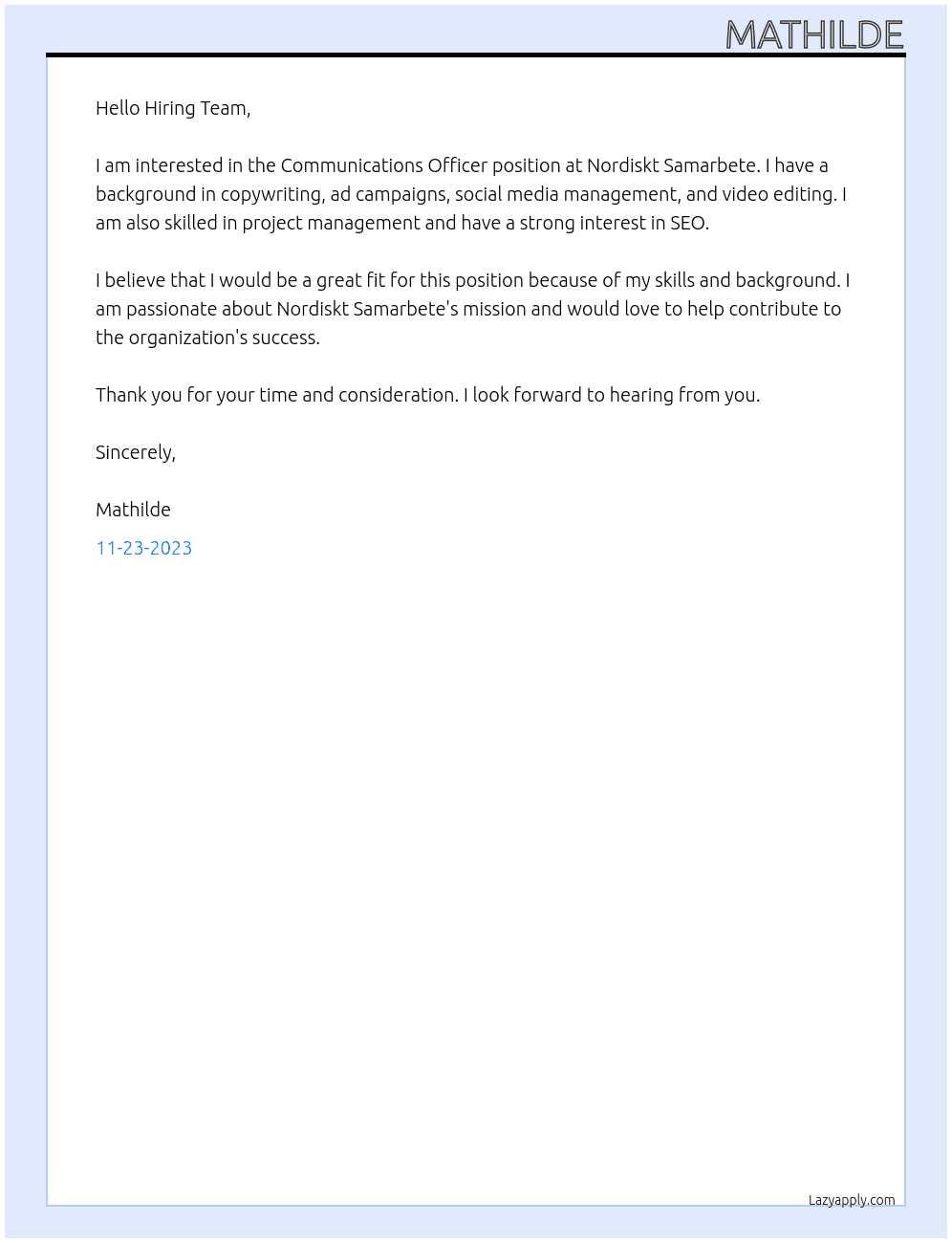 Communications Officer At Nordiskt Samarbete Cover Letter