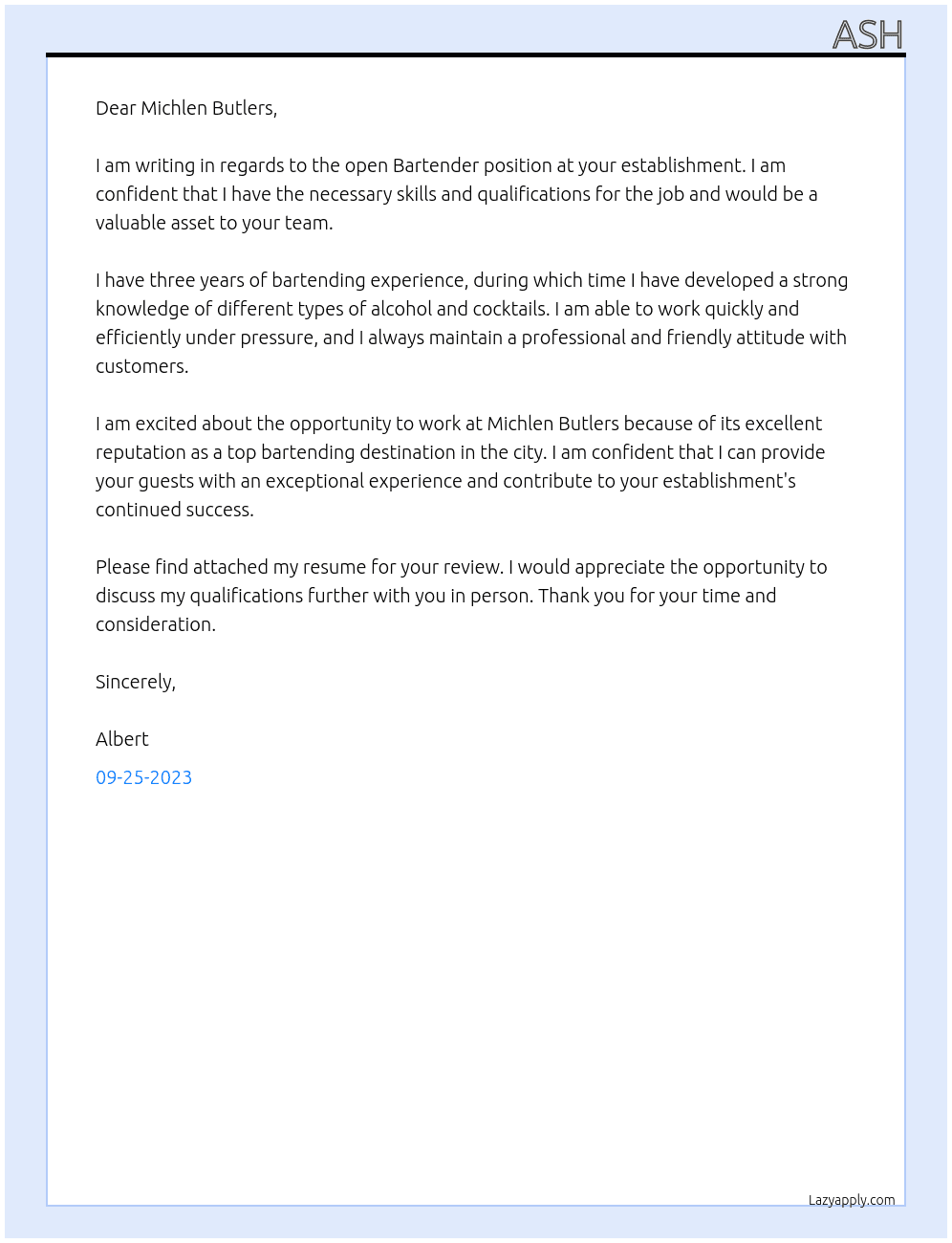 bartender At michlen butlers Cover Letter