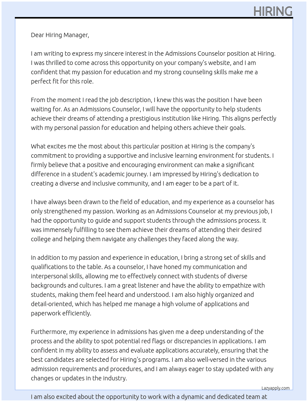 Admissions Counceler At Hiring Cover Letter
