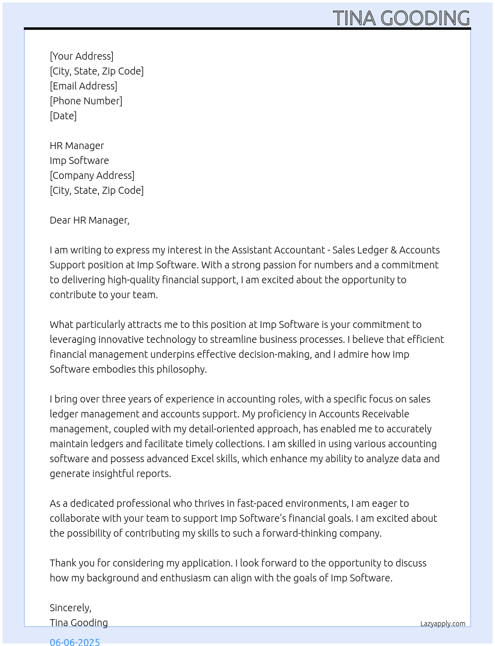 Assistant Accountant - Sales Ledger & Accounts Support At Imp Software Cover Letter