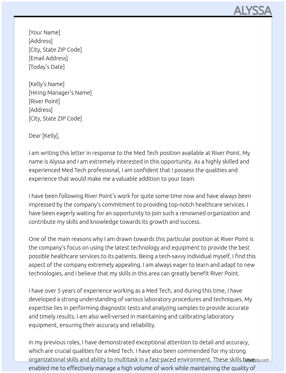 med tech At river point  Cover Letter