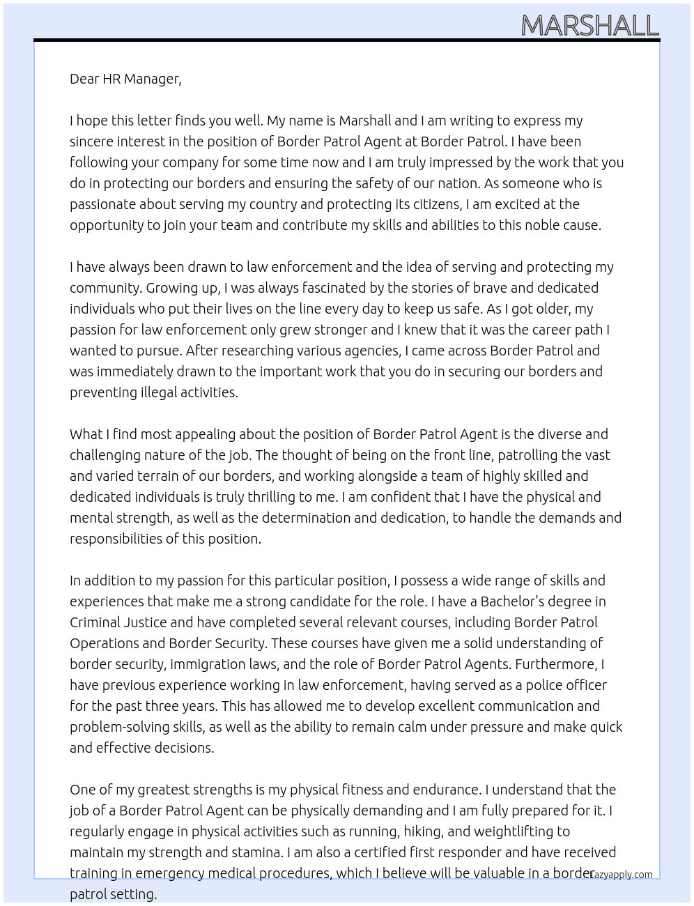 border patrol agent At border patrol Cover Letter