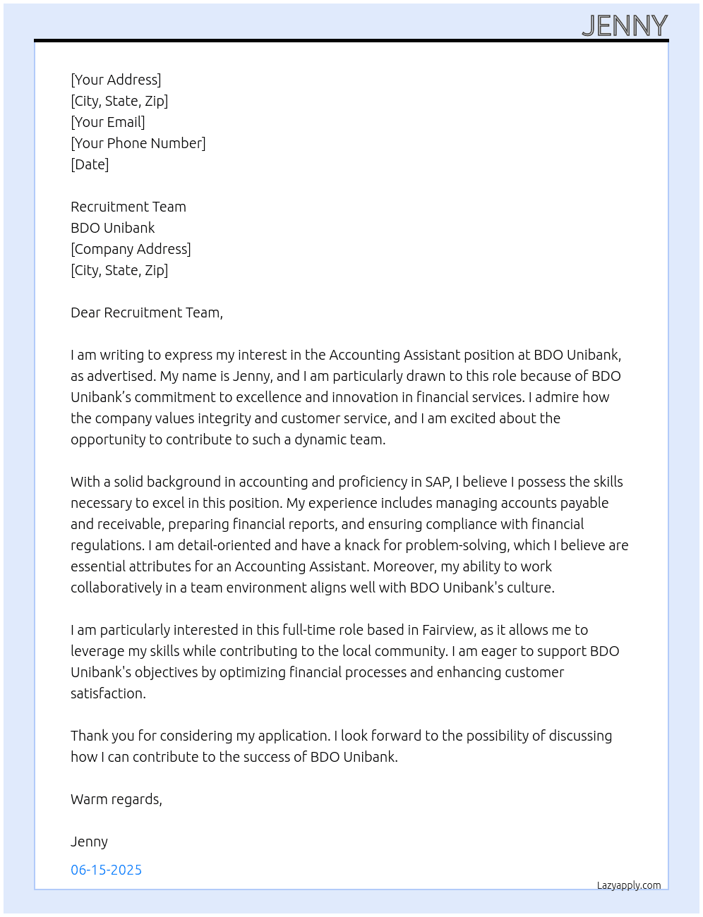Accounting Assistant At BDO Unibank Cover Letter