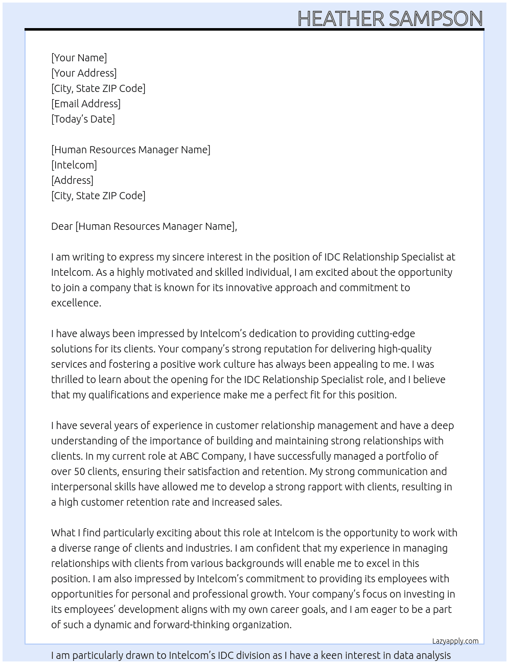 IDC Relationship Specialist At Intelcom Cover Letter