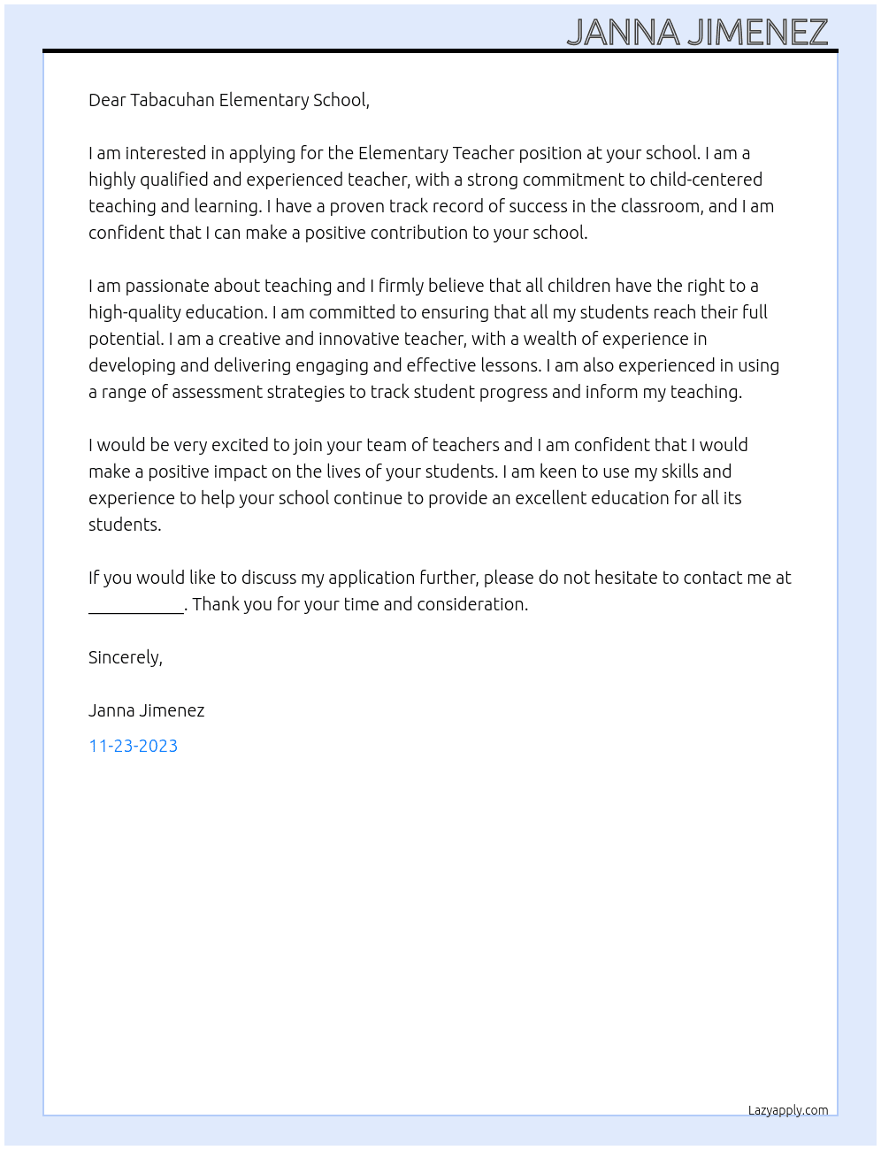 Elementary Teacher  At Tabacuhan Elementary School  Cover Letter