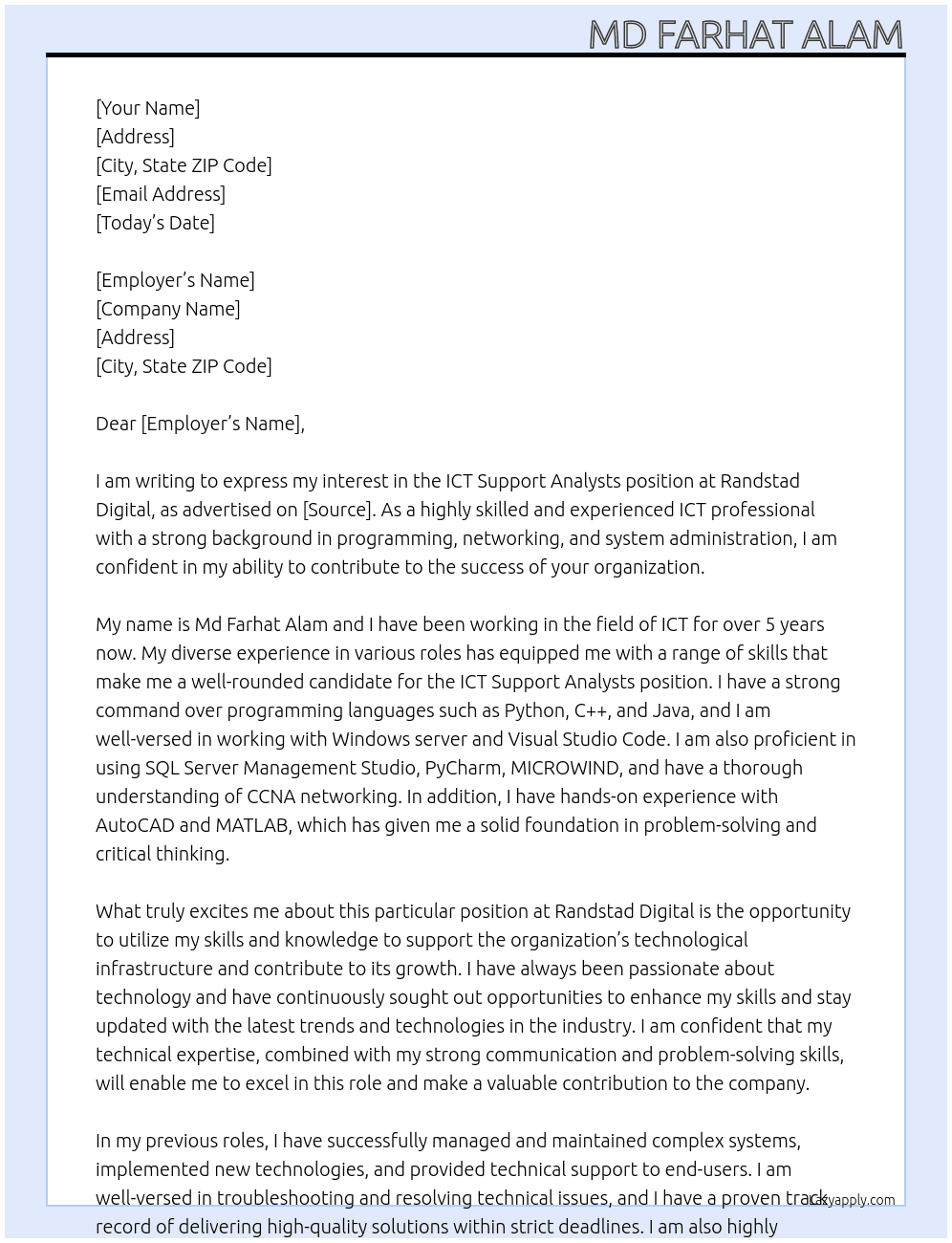 ICT Support Analysts At Randstad Digital Cover Letter