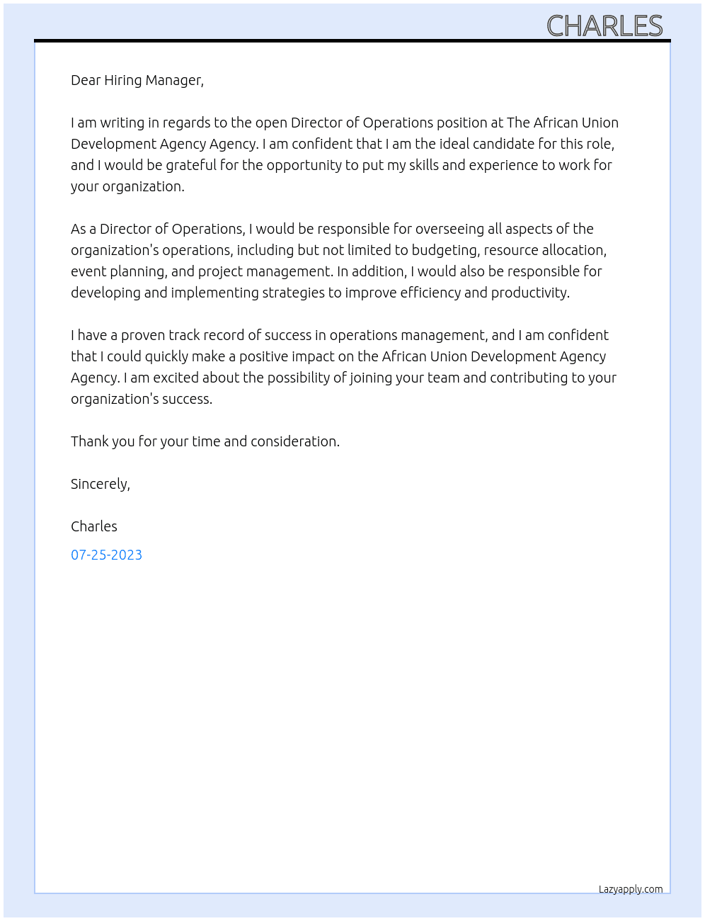 Director of Operations At The African Union Development Agency Agency Cover Letter