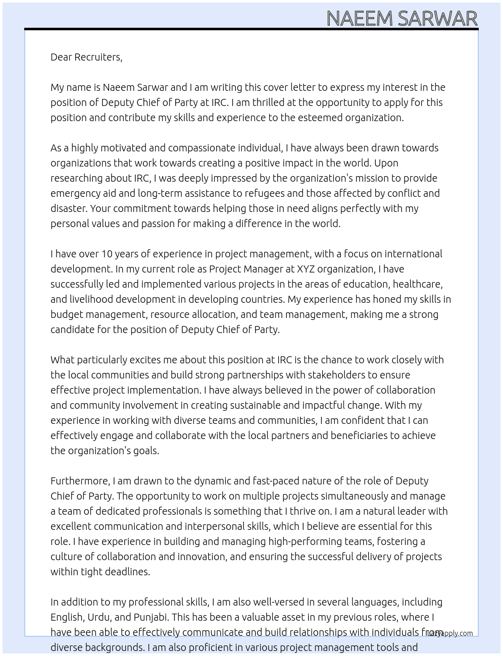 Deputy Chief of Party At IRC Cover Letter