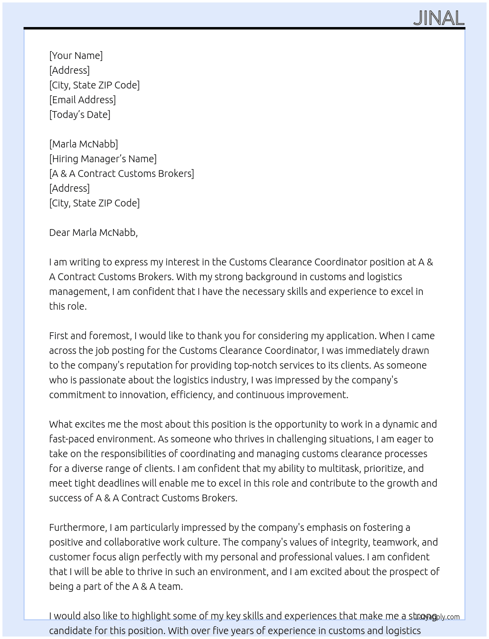 Customs Clearance Coordinator At A & A Contract Customs Brokers Cover Letter