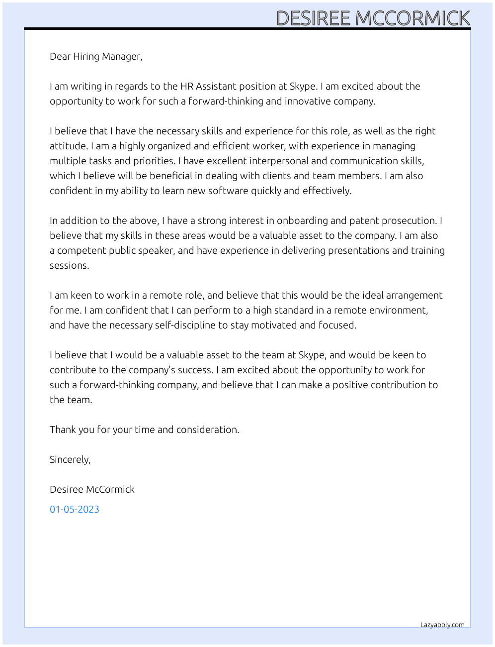 HR Assistant  At Skype Cover Letter