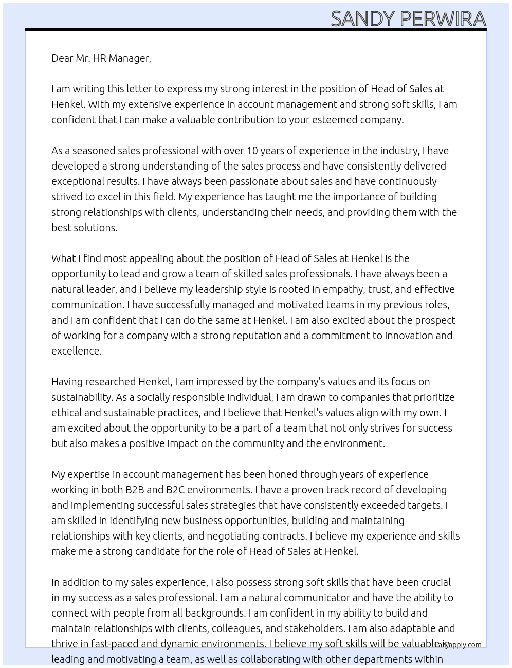 Head of Sales At Henkel Cover Letter