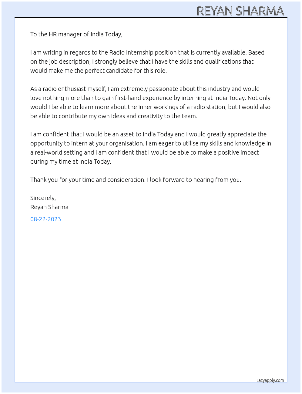 Radio Internship  At India Today  Cover Letter