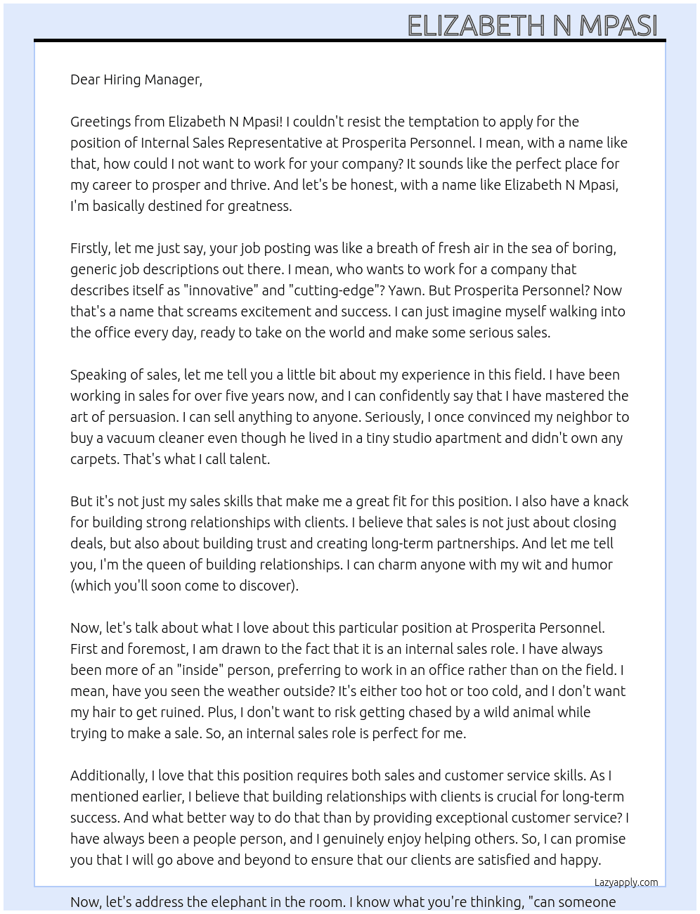 Internal sales representative  At Prosperita Personnel  Cover Letter