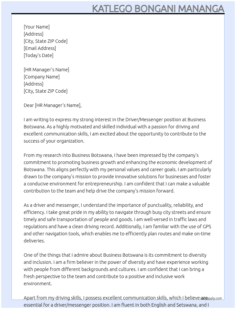 Driver/Messenger At Business Botswana Cover Letter