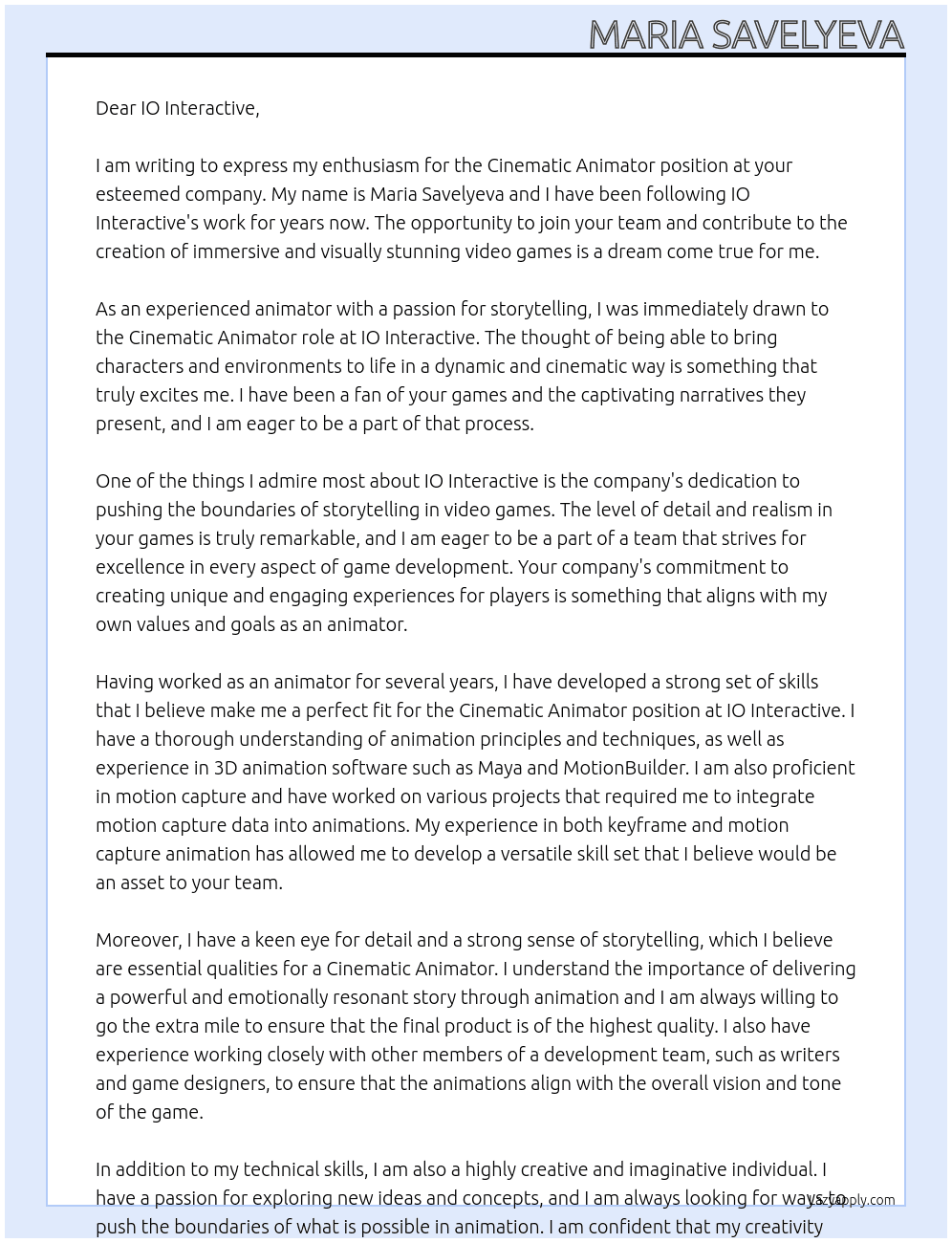 Cinematic Animator At IO Interactive Cover Letter